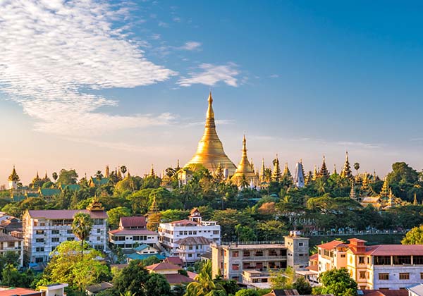 The golden domes of a Burmese temple