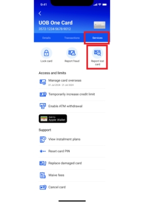 Tap “Services” > “Report lost card”