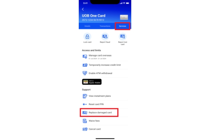 Tap “Services” > “Replace damaged card”