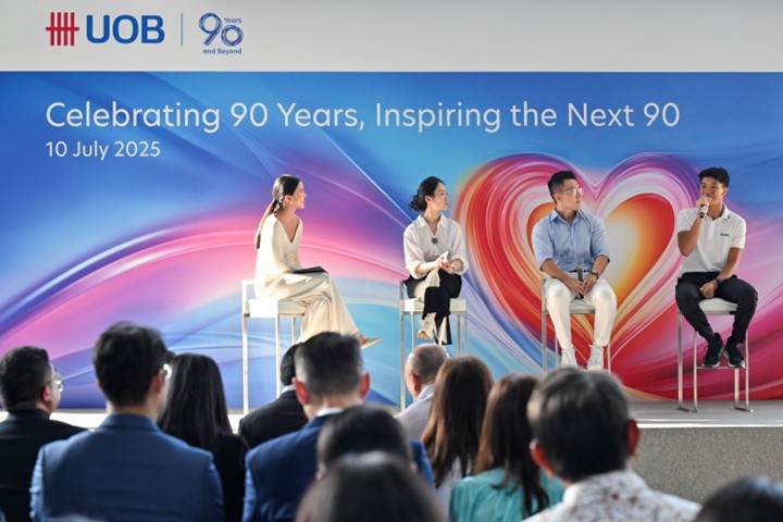 /Three inspiring youths - Stephy Chien, Bian Tong, and Bill Chan — on stage, each sharing their personal stories of resilience and ambition.