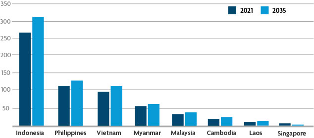 Population forecasts for the ASEAN region (in millions)